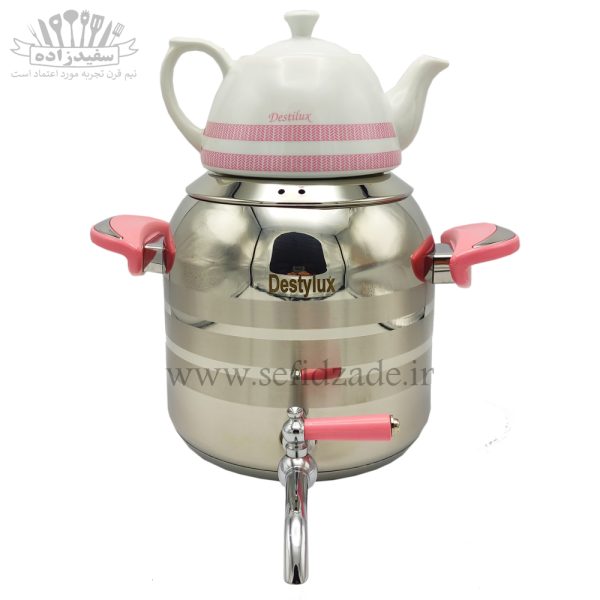کتری و قوری استیل دستی لوکس دسته صورتی 5 لیتری