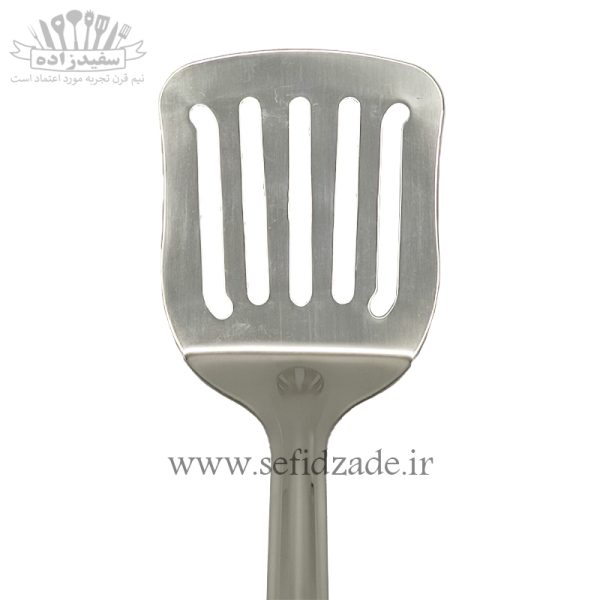کفگیر برگردان سوراخدار استیل دسته چوب