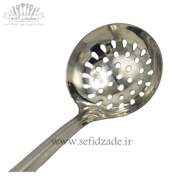 ملاقه سوراخدار استیل دسته چوب